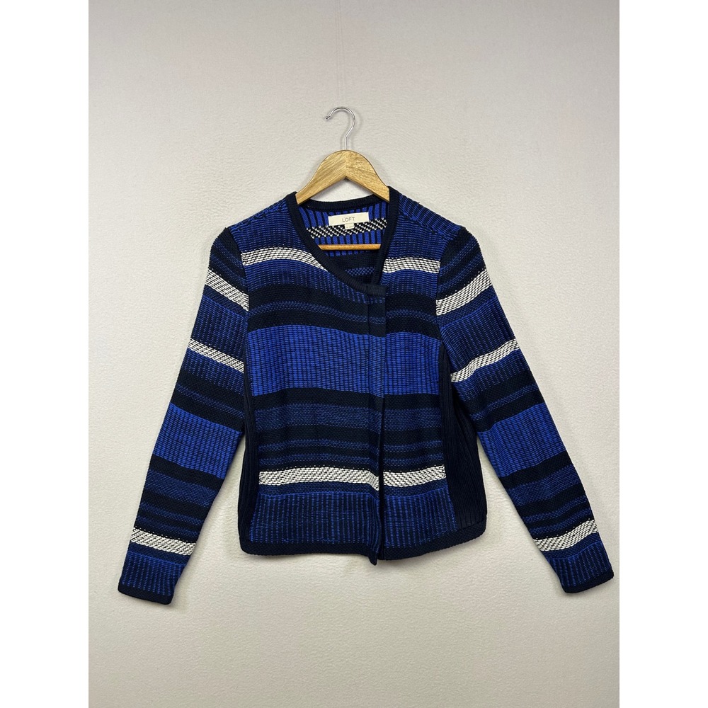 LOFT Nautical Preppy Womens‎ Medium Blue Striped Asymmetrical Zip Knit Cardigan